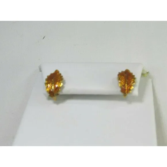 Vintage Art Co Rust Leaf Enamel Pierced Earrings Goldtone Gold Tone 51611 - Picture 3 of 5